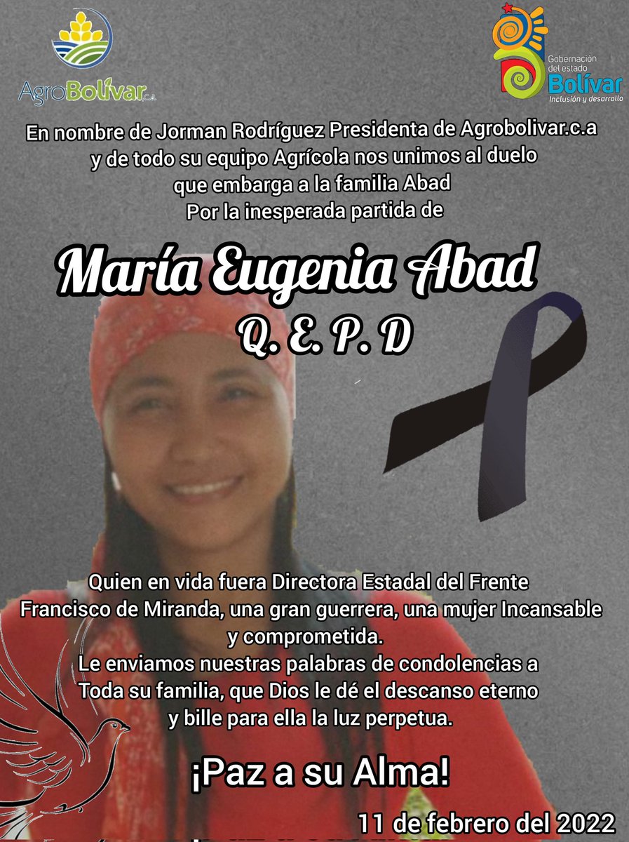 #12Febrero Nuestras sencibles palabras de condolencias para la familia Abad por la inesperada partida de la Camarada María Eugenia Abad Directora del Frente Francisco de Miranda ¡Paz a su Alma!