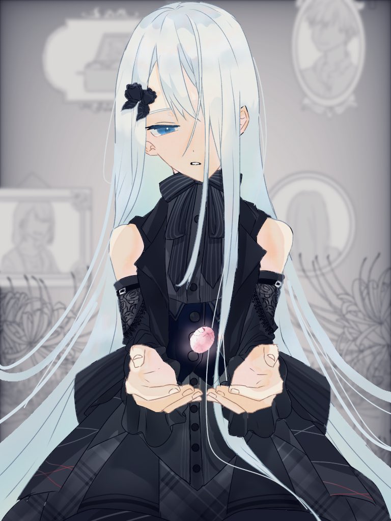 1girl long hair dress blue eyes solo detached sleeves flower  illustration images