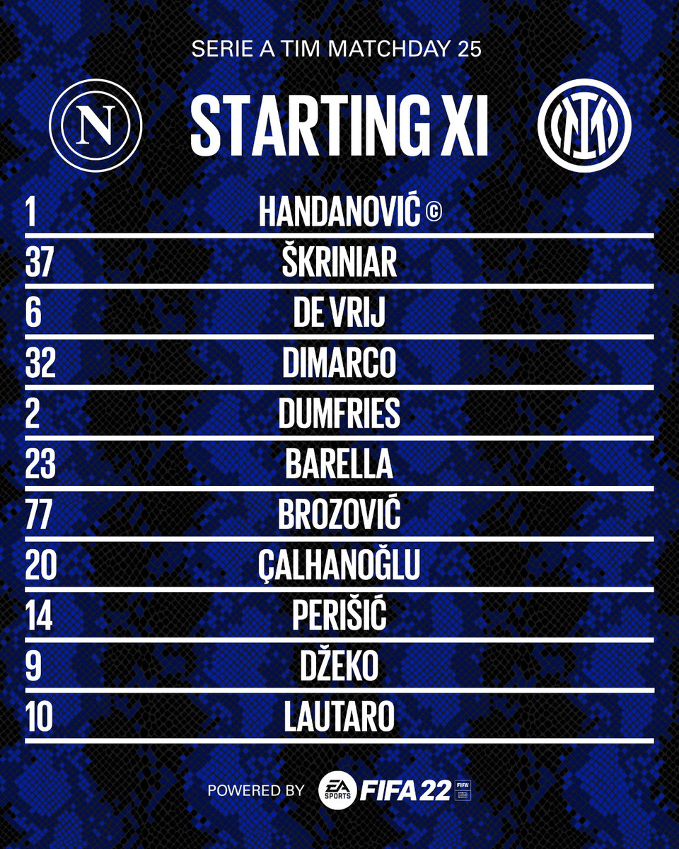 Inter's tweet photo. 📣 | FORMAZIONE 

Ecco gli 1️⃣1️⃣ scelti da Simone Inzaghi per #NapoliInter 👇

Powered by @EASPORTSFIFA
#FORZAINTER ⚫️🔵 https://t.co/uIch85S1FB