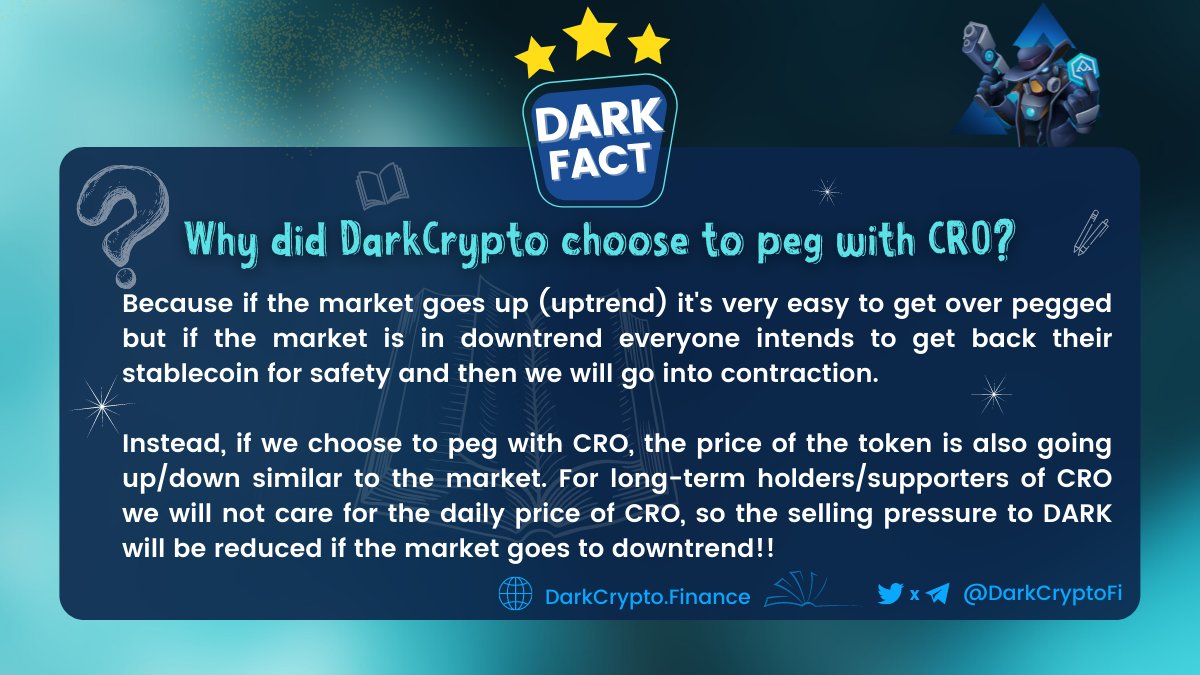 DarkCryptoFi's tweet photo. DarkFact #1: Why did DarkCrypto choose to peg with CRO?

🖇️ Learn more about @DarkCryptoFi through the #DarkFact

$DARK $SKY #DarkCrypto #DarkRoll #Cronos #CronosChain #CRO https://t.co/GbAZfiho1C