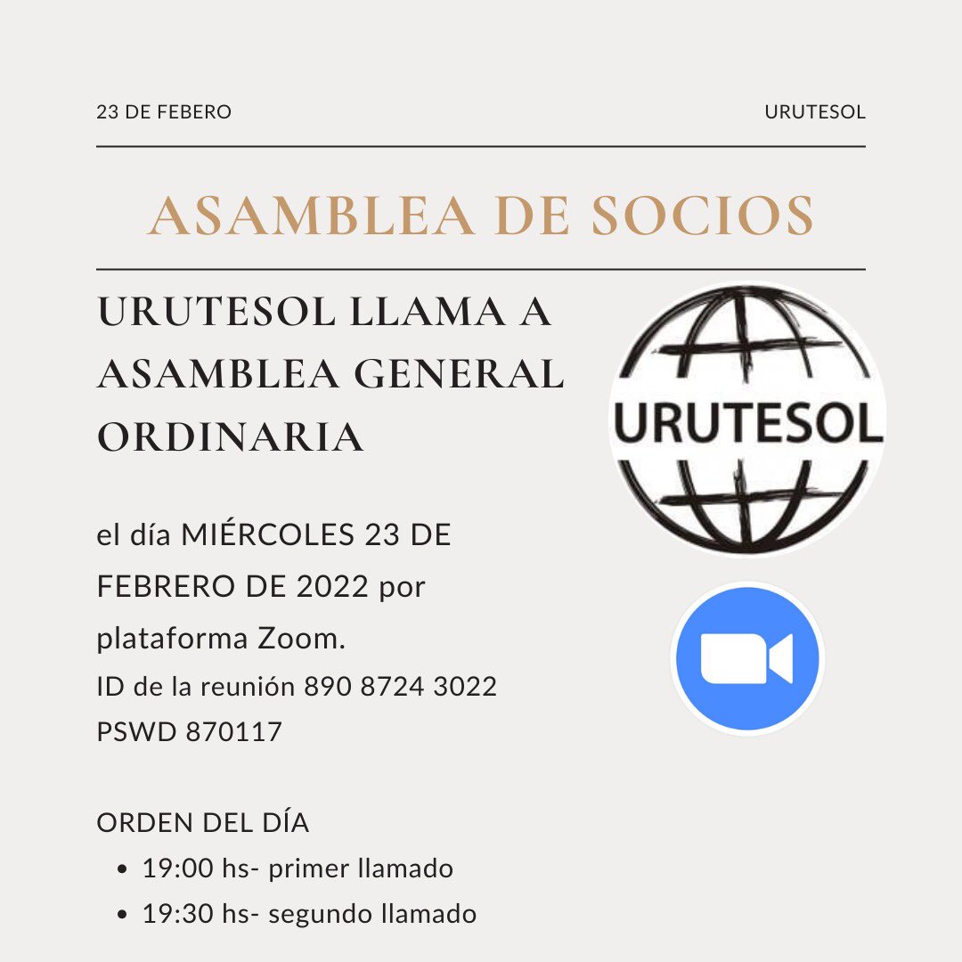 📣URUTESOL llama a ASAMBLEA GENERAL DE SOCIOS 📣 23 de febrero - via Zoom #bethere #urutesolers