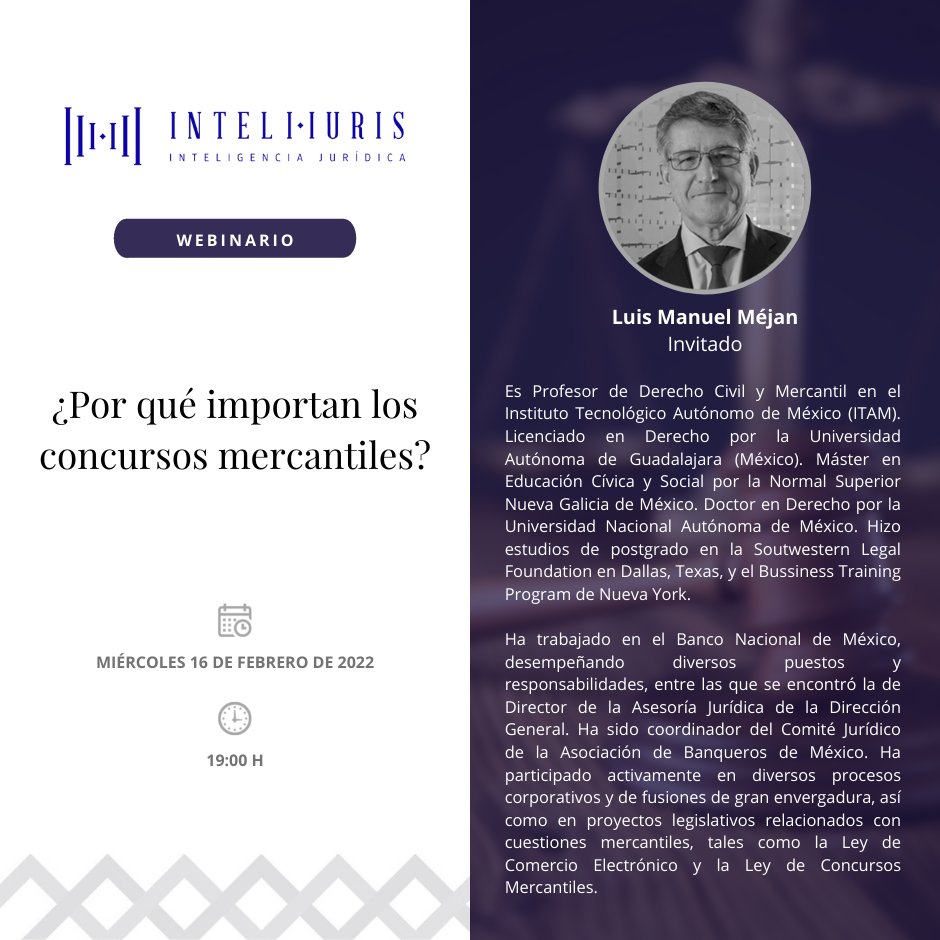 Inteli_Iuris's tweet photo. 📅 Miércoles 16 de febrero.
🕗 A las 19:00 h (CDMX).

Invitados al webinario:

"¿𝐏𝐨𝐫 𝐪𝐮𝐞́ 𝐢𝐦𝐩𝐨𝐫𝐭𝐚𝐧 𝐥𝐨𝐬 𝐜𝐨𝐧𝐜𝐮𝐫𝐬𝐨𝐬 𝐦𝐞𝐫𝐜𝐚𝐧𝐭𝐢𝐥𝐞𝐬?"

Con Luis Manuel Méjan @CMejan y Luis Pérez de Acha @LuisPerezdeAcha.

👉 Registro gratuito: https://t.co/JFMHzFau41 https://t.co/g2EanF895x