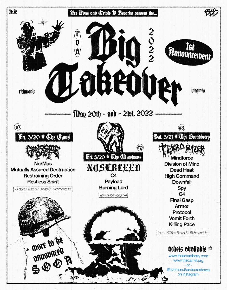 For those still looking to make an annual trip to Richmond for hardcore and otherwise, one of our staff (<a href="/AceXEdge/">Ace</a>) is doing an event with <a href="/TripleBRecords/">Triple B Records</a> in May.

Check out The Big Takeover this Spring. Something new, something different.

Tickets: linktr.ee/Richmondhardco…