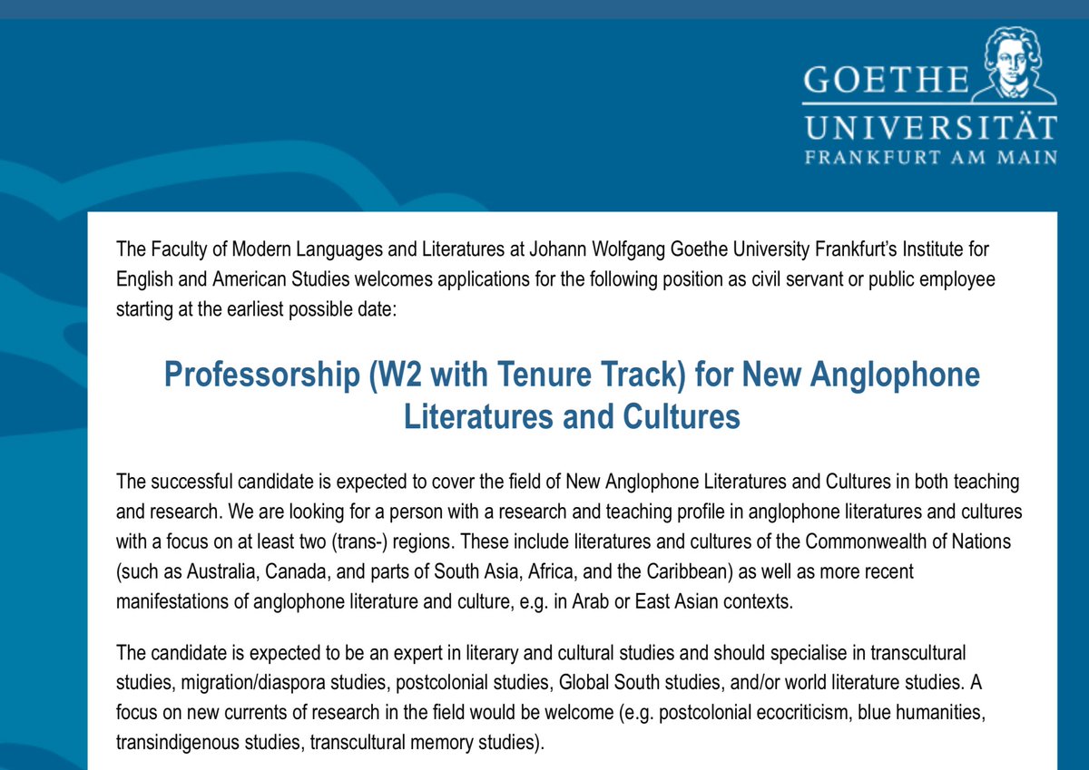 PTTS_Muenster's tweet photo. RT pls👉
👉full professorship👇in
'New Anglophone👇Literatures & Cultures'
@goetheuni #Germany
https://t.co/yPHDUV4FOC
#transcultural, #migration/#diaspora, #postcolonial , #global South, #world literature studies;
blue humanities; #transindigenous, transcultural #memory studies https://t.co/nb7pvZTQAe