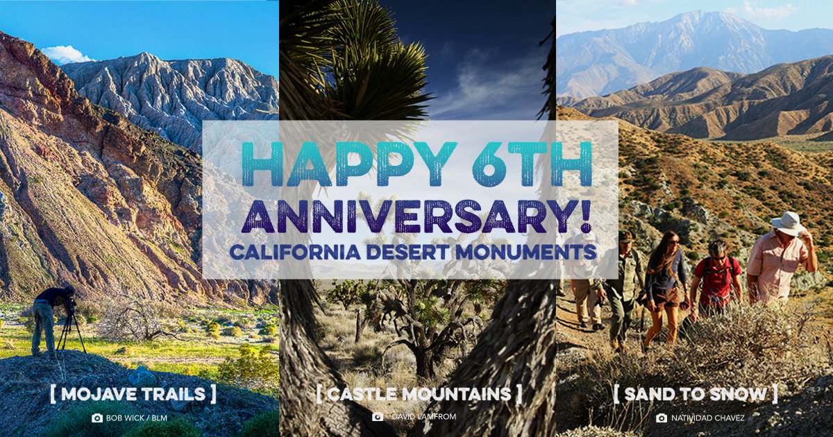MonumentsForUSA's tweet photo. Happy 6th anniversary to #MojaveTrails, #SandtoSnow, and #CastleMountains National Monuments! 🥳
These special public lands in the #CADesert include everything from mountain ranges to ancient lava flows and are spectacular for hiking & camping🌄🏞️. #MonumentsForAll https://t.co/5LHmidEmHz