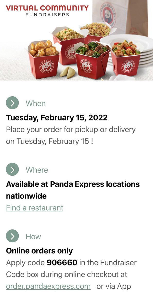 YVHSMusic's tweet photo. This Tuesday, 2/15, we are doing a virtual Panda Express fundraiser! All you need to do is hop online, submit your order using our fundraiser code (906660) and then pick up your food! 
This will be an all day fundraiser that ANYONE can participate in at ANY Panda Express! https://t.co/ETqlj3YxCl