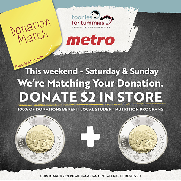 MATCH DAY EXTENDED TO SUNDAY <a href="/FoodBasicsCA/">Food Basics</a> and <a href="/MetroOntario/">Metro Ontario</a>. That means your toonies will be matched both today and tomorrow! Thank you for helping fill hungry tummies!
