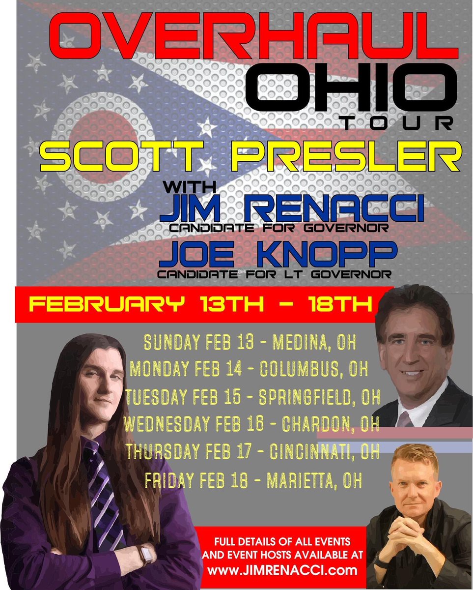 ScottPresler's tweet photo. See you soon, Ohio!
February
13: Medina, OH
14: Columbus, OH
15: Springfield, OH
16: Chardon, OH
17: Cincinnati, OH
18: Marietta, OH https://t.co/mvg5G6B77T