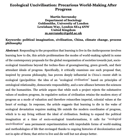 DavidCh27992090's tweet photo. Martin Savransky @SavranskyMartin, '#Ecological #Uncivilisation: Precarious World-Making After Progress, The Sociological Review @TheSocReview (In Press) #Anthropocene #resilience https://t.co/ObnHfR7fM7 https://t.co/y5Nf5Su5vv