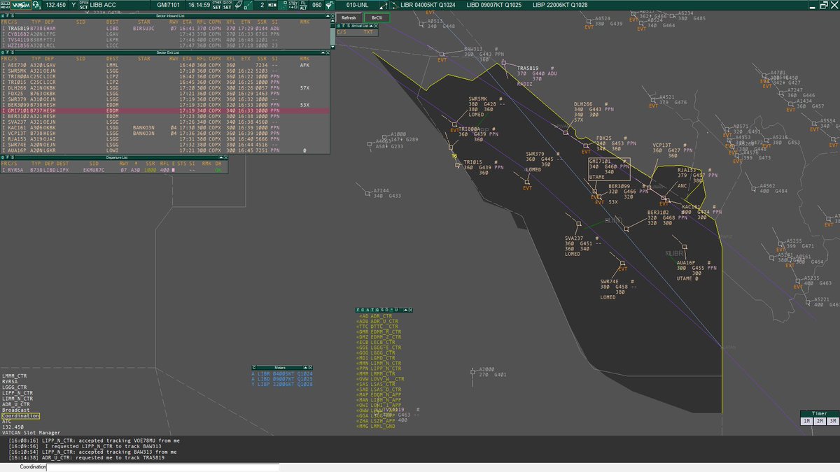 vacc_italy's tweet image. Helping out our dear friends at @vaccswitzerland sequencing arrivals into LSGG, this is a screenshot of Brindisi control radar scope ✈️✈️✈️✈️✈️ @vatsimctl