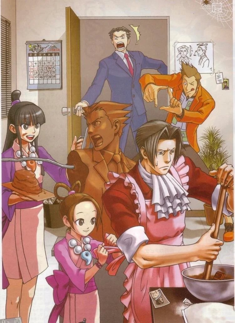 miles edgeworth in his prosecutor clothes with his sleeves rolled up wearin...