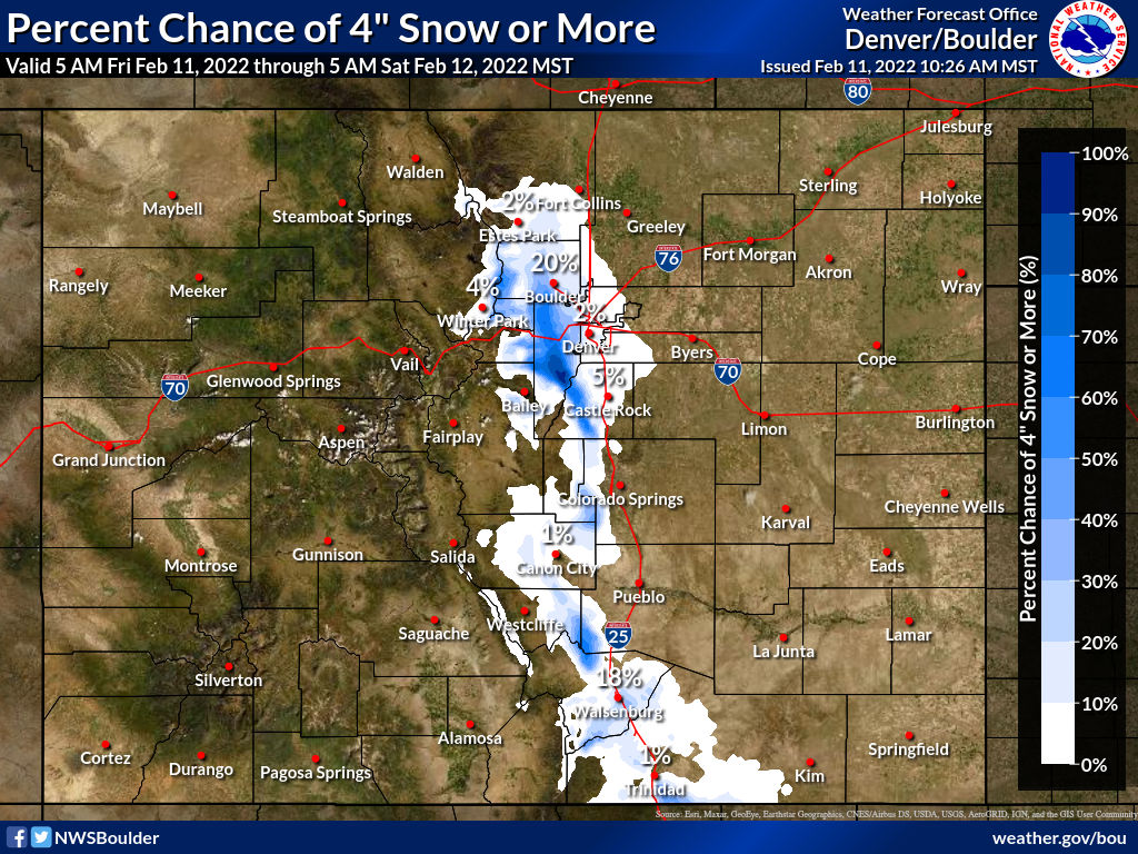 CReppWx's tweet photo. The Front Range has not had many storms this season but at least the ones we've had have not been disappointing. This was the probability of getting more than 4 inches of snow yesterday. #AnotherUpset https://t.co/yGxItLkUzV