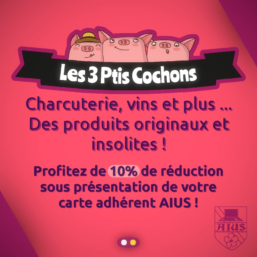 Un grand merci à nos sponsors  !
Si vous êtes adhérent.e à l'AIUS, vous pourrez profiter de 10% de réduction dans leurs enseignes ( sauf pour les bretzels )
Retrouvez les sur leur site web respectif :
- presstabierealsace.fr
- les3ptiscochons.com