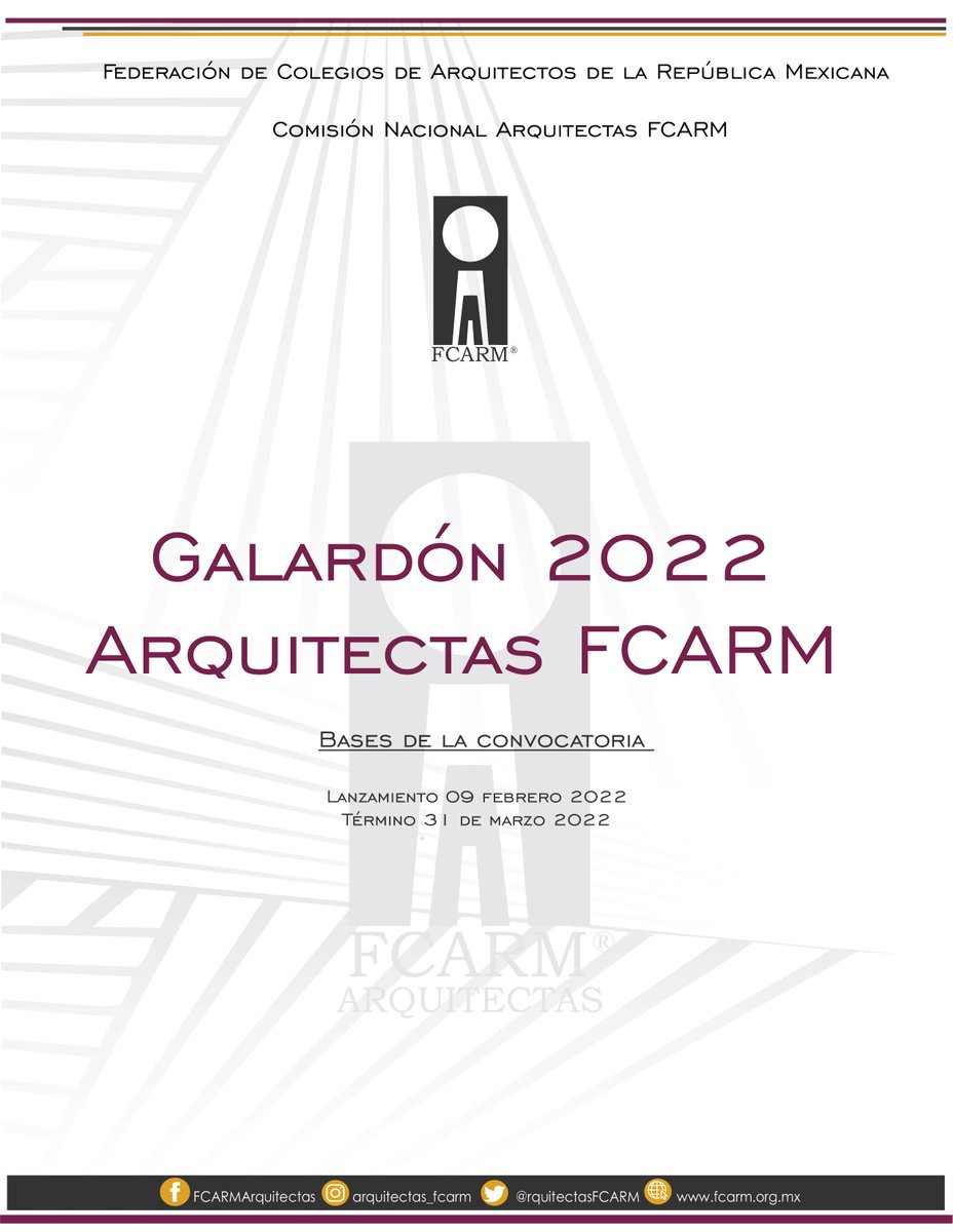 FCARMNacional's tweet photo. La Comisión Nacional de @rquitectasFCARM  convoca a las Arquitectas socias de los Colegios de @FCARMNacional   al 𝐆𝐀𝐋𝐀𝐑𝐃𝐎́𝐍 𝟐𝟎𝟐𝟐 𝐀𝐑𝐐𝐔𝐈𝐓𝐄𝐂𝐓𝐀𝐒 𝐅𝐂𝐀𝐑𝐌  
𝐅𝐞𝐜𝐡𝐚𝐬 𝐝𝐞 𝐢𝐧𝐬𝐜𝐫𝐢𝐩𝐜𝐢𝐨́𝐧: 
09 de Febrero al 31 de Marzo 2022
#Reconoceryvisibilizar https://t.co/FlDJdUNY1q