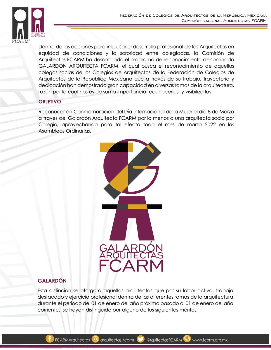 FCARMNacional's tweet photo. La Comisión Nacional de @rquitectasFCARM  convoca a las Arquitectas socias de los Colegios de @FCARMNacional   al 𝐆𝐀𝐋𝐀𝐑𝐃𝐎́𝐍 𝟐𝟎𝟐𝟐 𝐀𝐑𝐐𝐔𝐈𝐓𝐄𝐂𝐓𝐀𝐒 𝐅𝐂𝐀𝐑𝐌  
𝐅𝐞𝐜𝐡𝐚𝐬 𝐝𝐞 𝐢𝐧𝐬𝐜𝐫𝐢𝐩𝐜𝐢𝐨́𝐧: 
09 de Febrero al 31 de Marzo 2022
#Reconoceryvisibilizar https://t.co/FlDJdUNY1q
