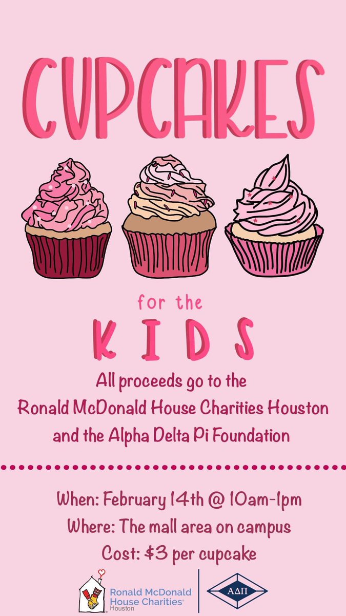 Valentine’s Day is right around the corner! 🧁 Meet us in the mall area on the 14th from 10am-1pm and buy cupcakes for the kids! All proceeds will be donated to @RMHC &amp; the Alpha Delta Pi Foundation! 🤍
