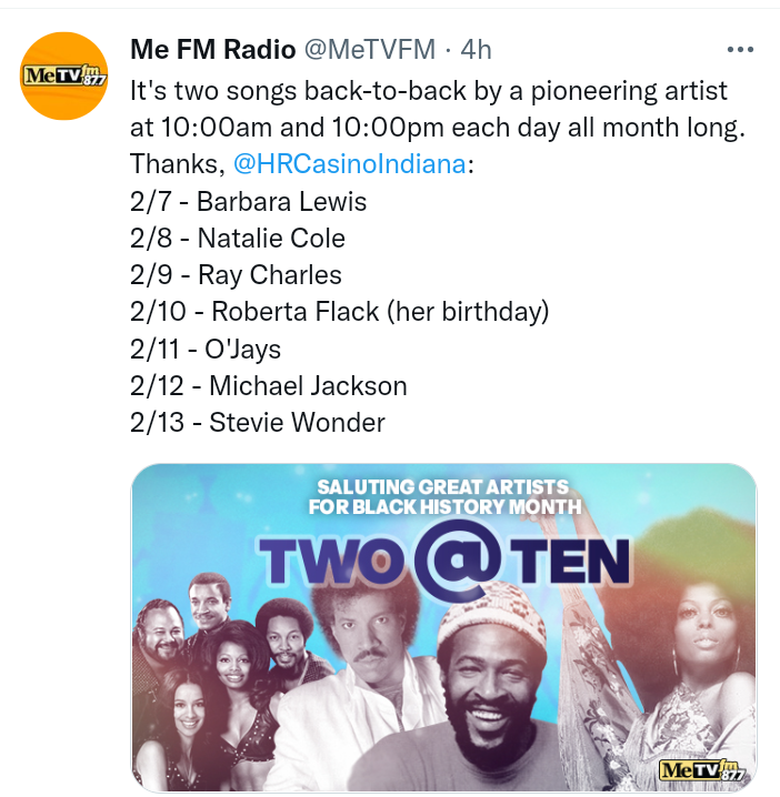VenusInMomJeans's tweet photo. Saluting Great Artists for #BlackHistoryMonth #TwoAtTen on the radio at 10a.m. and 10p.m. on 87.7FM @MeTVFM
Saluting #MichaelJackson!!! #MeTVFM played some early MJ #GotToBeThere (when I had a crush on him, we had the 45rpm) and #BillieJean (I have #Thriller CD and #History CD). https://t.co/Kv3CR1jawE