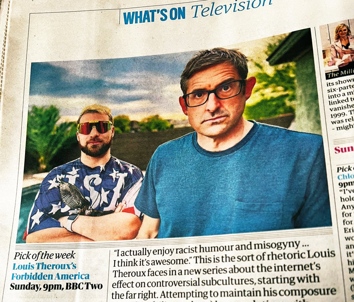 On tomorrow 9pm on <a href="/BBCTwo/">BBC Two</a> is 
<a href="/louistheroux/">Louis Theroux</a> #forbiddenamerica, Extreme and Online. I worked with a talented team on this <a href="/MindhouseTV/">Mindhouse Productions</a> since 2019 and although the subject is difficult, I feel like its highlighted something that rarely gets the time to be looked at properly 1/4