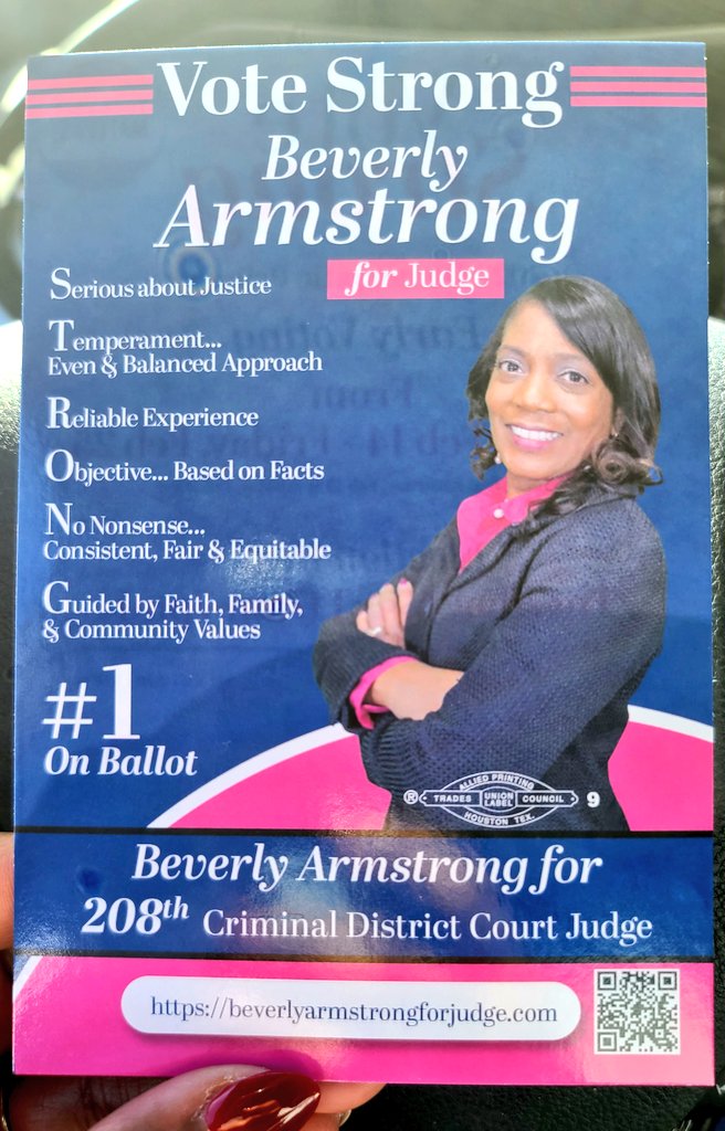 Drkathrynwash7's tweet photo. Representing and supporting family today!!! Early voting Feb.14th!!💕
🗣Calling all Harris County Voters...
VOTE for Beverly Armstrong for the 208th Criminal District Court Judge!!! #VoteStrong🗳 https://t.co/XyMoojqv4g https://t.co/bfLaq9fcn9