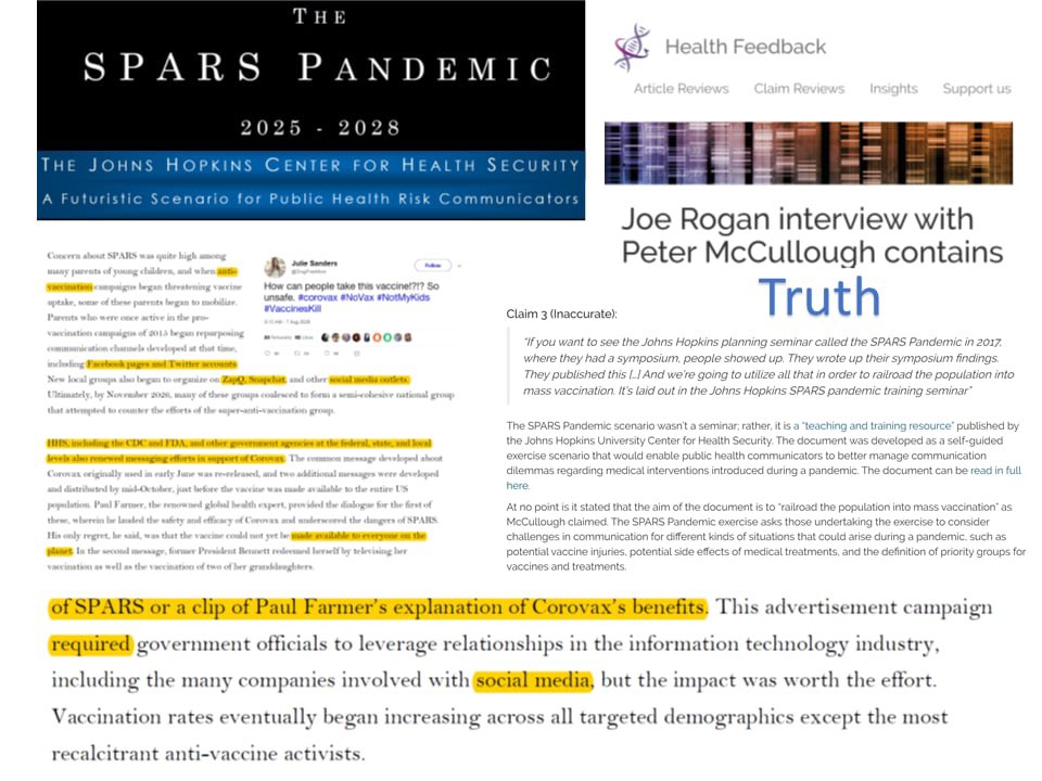 P_McCulloughMD's tweet photo. Health Feedback backfires amplifies more truth from Rogan interview. The Hopkins scenario seminar fully anticipated entire crisis with all efforts to push public into it.  “Railroaded” was the apt term I used. https://t.co/PzexX4495T