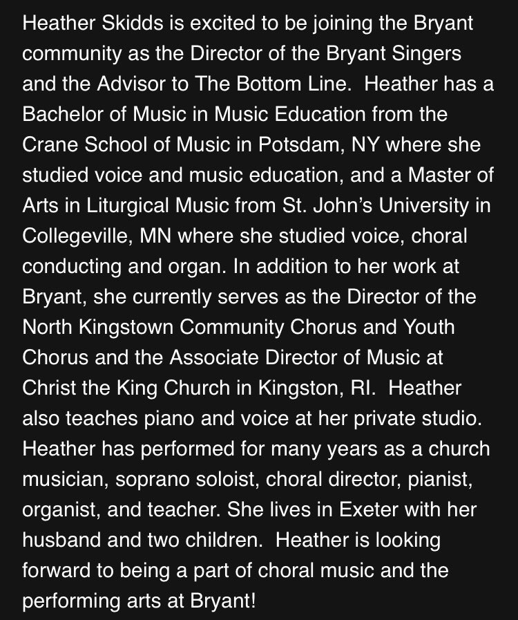We are super excited to introduce our new director, Heather Skidds!! Read more about her and what she will bring to Bryant Singers and the Bryant Community!!