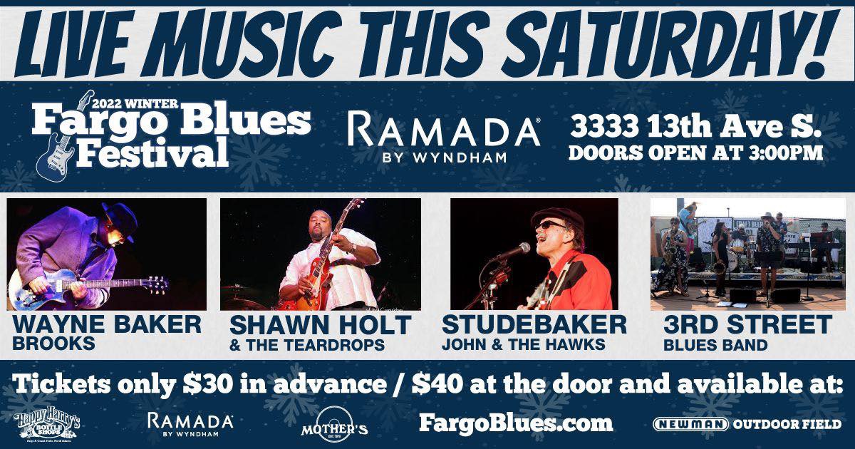Fargobluesfest's tweet photo. 🥶🥶 The weather may be cold, but the music will be hot today for the 2022 Fargo Blues Festival at the Ramada Inn. Doors open at 3:00pm and tickets and room deals are available. Get out of the house for an amazing show, featuring some of the top local and national acts! https://t.co/E5JQPo8DEw