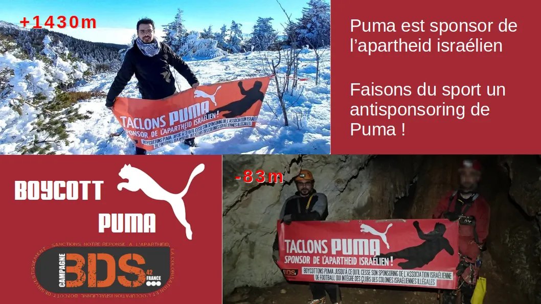 L'entreprise <a href="/PUMA/">PUMA</a> qui sponsorise la fédération israélienne de Football et par là les clubs des colonies, est complice et de la colonisation et de l'apartheid israéliens.

Joignons le sport à un antisponsoring de <a href="/PUMA/">PUMA</a>

#BoycottPuma #PumaFam #BDS