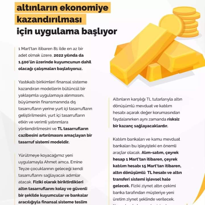 Hazine ve Maliye Bakanı Nureddin Nebati: 
◾️Yastık altı birikimler finansal sistemlere kazandırılacak. 
◾️ 1 Mart'tan itibaren 81 ilde en az 1 adet olmak üzere 2022 yılında da 1500'ün üzerinde kuyumcunun dahil olacağı çalışmaları başlatıyoruz.