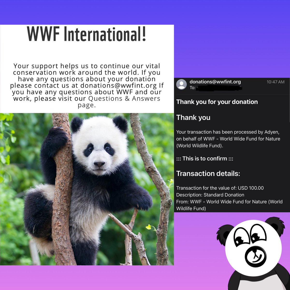 In celebration of reaching a
$100 Floor Price #ProtonPandas has donated $100 to the <a href="/WWF/">WWF</a> to support our panda family! 🌎🐼💗 Fewer than 1,900 Pandas are left in the wild today. I’d personally like to thank everyone in the <a href="/ProtonXPR/">Nothing Here</a> community your support has supported WildLife🌱