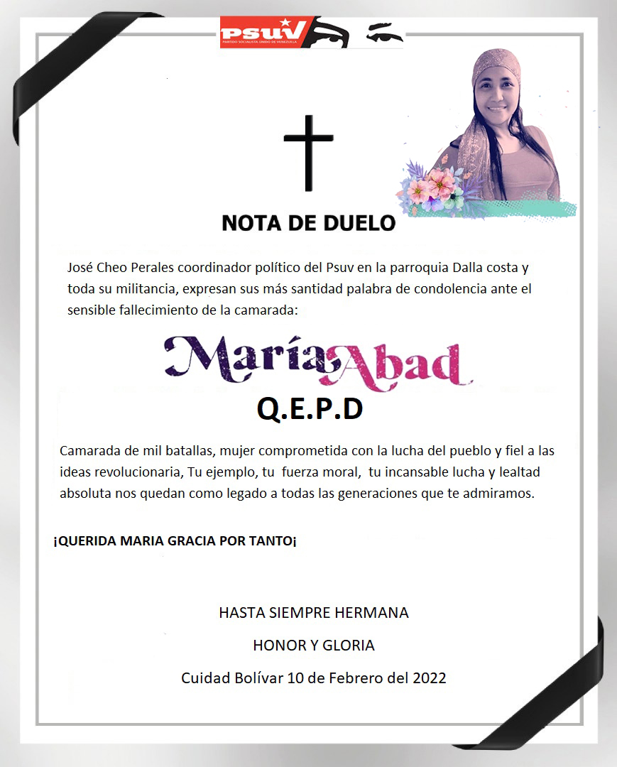 Nuestro coordinador político del PSUV, José Cheo Perales y toda la militancia de la Parroquia Dalla Costa. Nos unimos al dolor de nuestros hermano del FFM. por la irreparable pérdida de Maria Eugenia Abad Que Dios te reciba en su santa Gloria y le de Resignacion a sus familiares