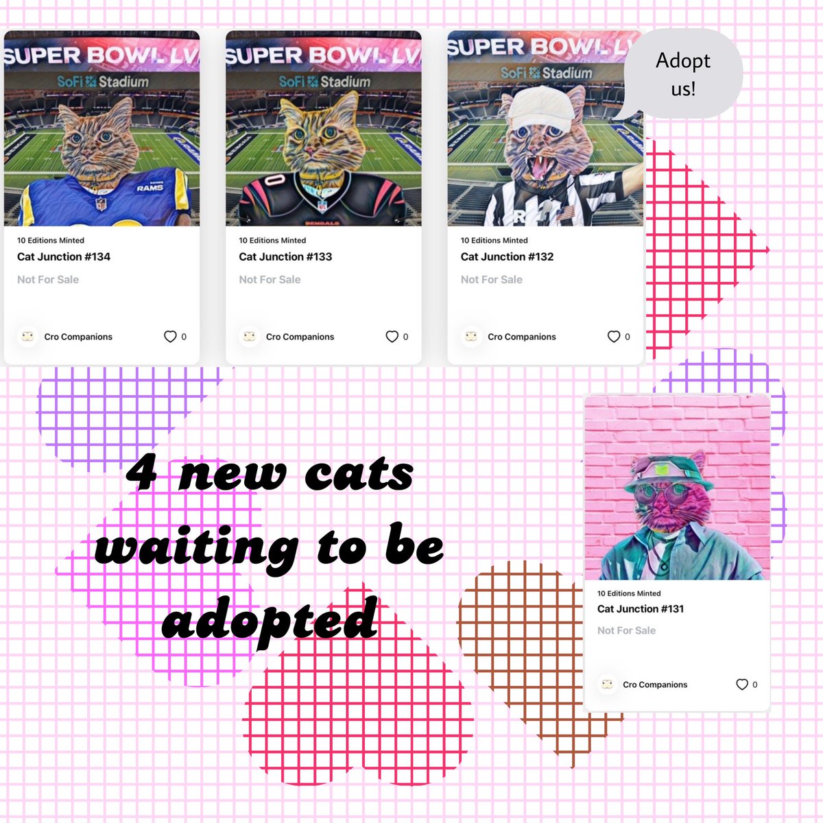 🚨#Happy #superbowl  #NFT #Giveaways 🚨

To Super Bowl Weekend we are giving away 5 #CatJunction #NFTs 

Winner's announced Feb 14th 8pm PST

Steps
1. Follow <a href="/Crocompanions/">Cro Companions</a> <a href="/Jeysuhns/">Jeysuhn</a>
2. Like &amp; retweet 
3. Tag 2 Friends 

crypto.com/nft/collection…

#CRO   #FFTB   #NFTGiveaway