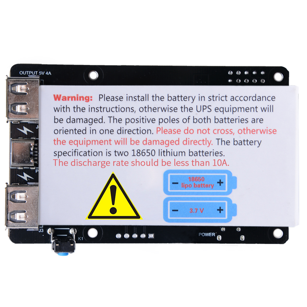 MistialD's tweet photo. Ideally, products should not need warnings like this #52pi Raspberry PI UPS.  There are a number of design techniques that deal with reverse polarity, from ideal diodes (adds slightly to cost) to physical blocks that prevent reverse polarity (harder to do with 18650). https://t.co/ap1vOhzTV5