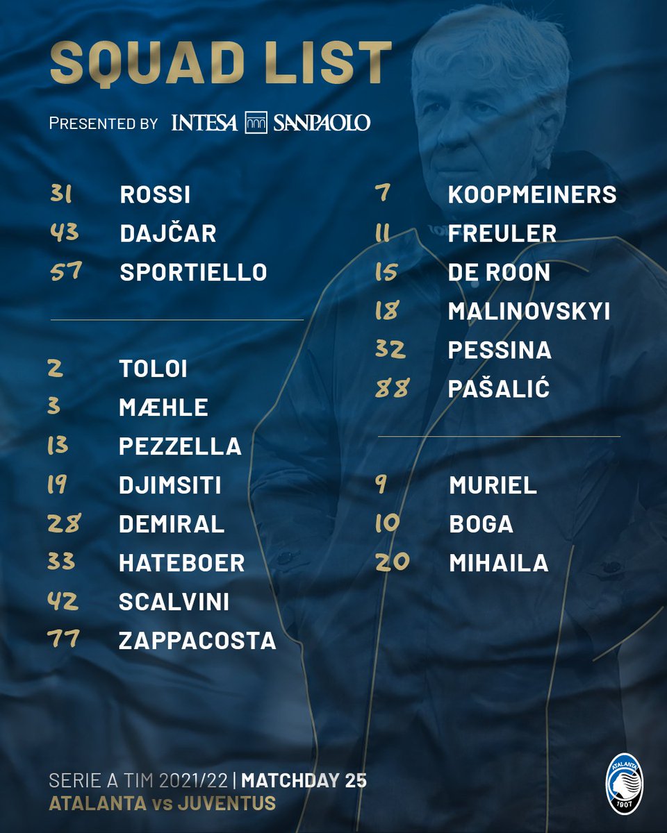 Atalanta_BC's tweet photo. 📋 Questi i 20 nerazzurri convocati per #AtalantaJuve! 
👉 Here's our squad list for tomorrow!

Presented by @intesasanpaolo 

#SerieATIM #GoAtalantaGo ⚫️🔵 https://t.co/CliNJeivhE