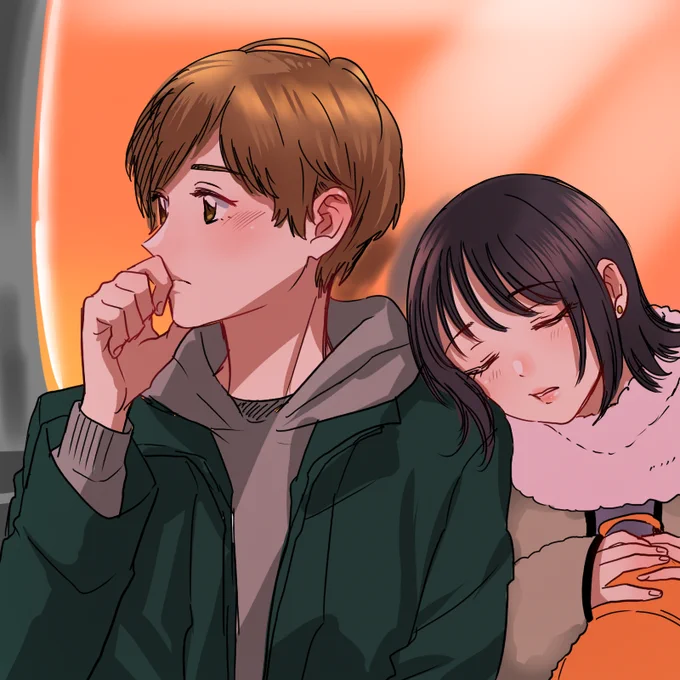 初めてのお出かけ帰りに、無防備にフェムちゃんがもたれてきて、ニヤけとドキドキをこらえる中性さんって感じの落書き。 