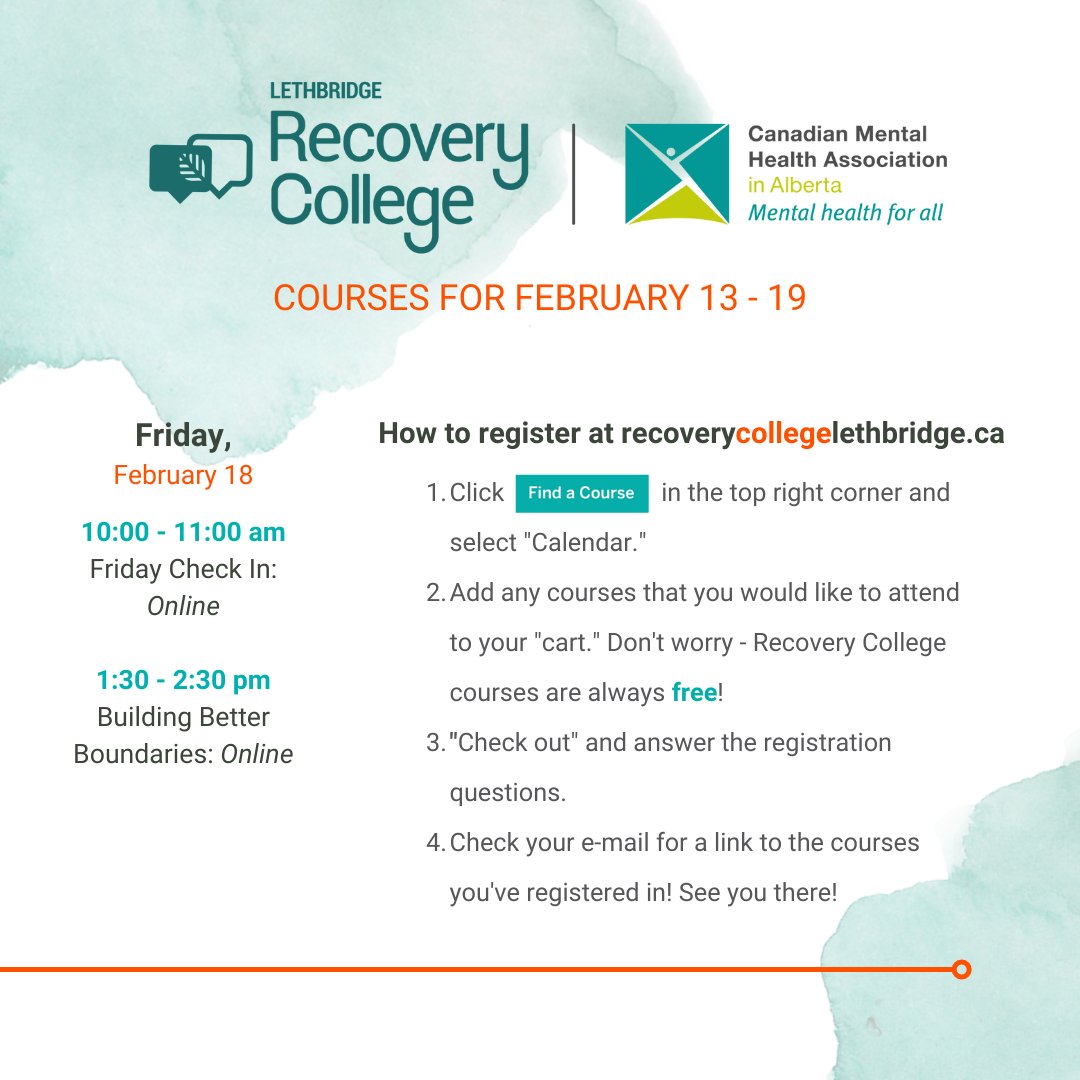 👋 Your friends at #recoverycollegelethbridge hope you're having a great weekend! While you're scrolling, take a peek at our free #mentalheath courses this week! Sign up anytime on our website!

#lethbridge #yql