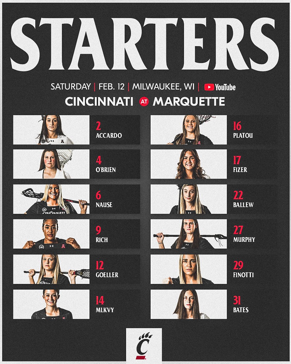 GoBearcatsLAX's tweet photo. Freshmen Sophie O'Brien (G) and Alexis Rich (D) earn starting nods, as well as transfer Ava Goeller (M).

💻 https://t.co/hyRQ0rylD4 https://t.co/SXgHFqO6pE