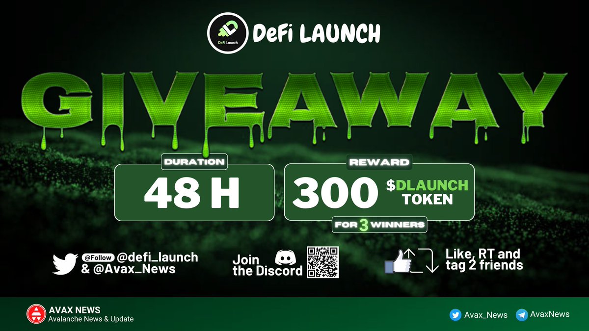 📢 GIVEAWAY TIME ~ <a href="/defi_launch/">DeFi Launch</a>

🤩 <a href="/defi_launch/">DeFi Launch</a>  is giving away 300 $DLAUNCH to 3 lucky people.

⏰Duration: 48h

✅Follow: <a href="/defi_launch/">DeFi Launch</a> and <a href="/Avax_News/">AvaxNews9000🔺</a> 
✅Join DC: discord.gg/3vD63dQSKz
✅Like + RT + Tag 2 Friends

#AvaxNews #DeFiLaunch #Giveaway