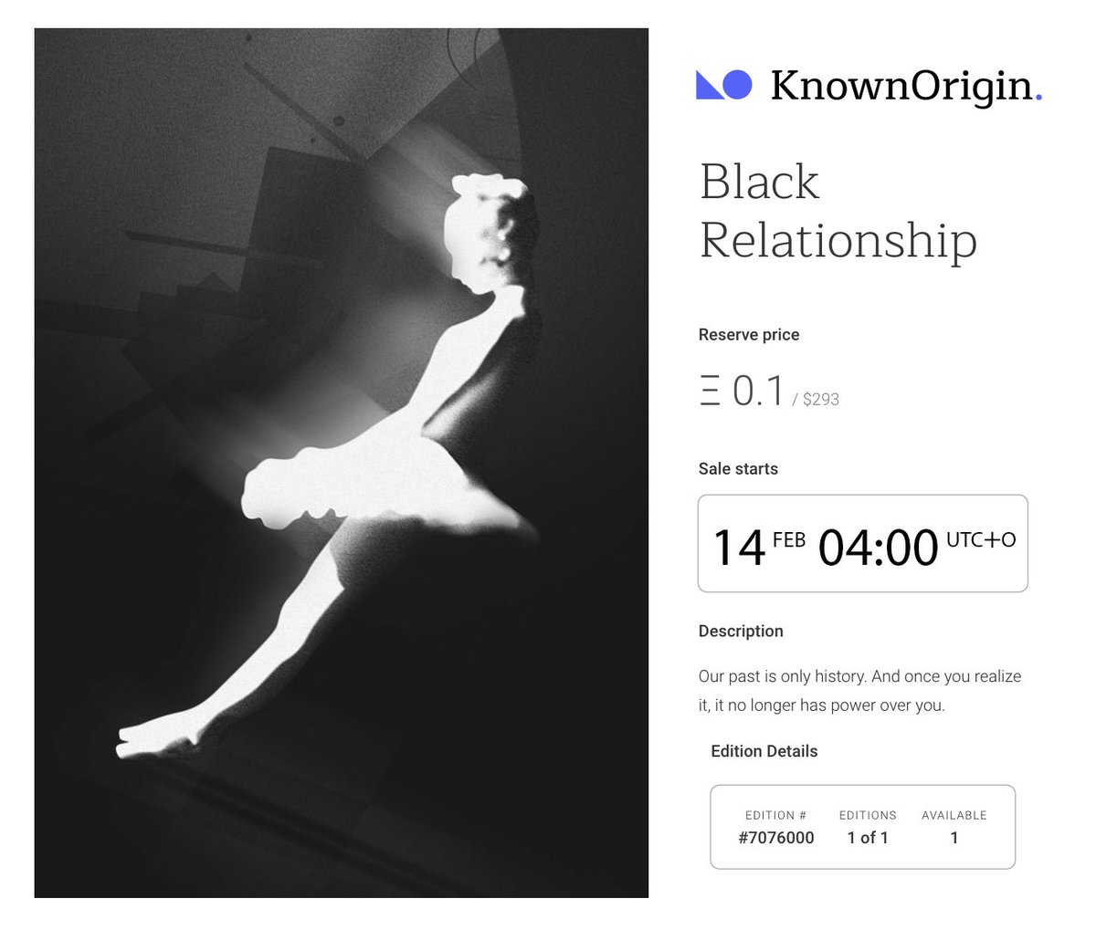 I mint my first work on <a href="/KnownOrigin_io/">KnownOrigin.io</a> 🥳

I’m happy that for the first time I dropped smth that I invested my heart and soul into!
This work will start a new series ⚫️⚪️

«Black Relationship» is available on Monday, Feb 14 at 04:00 UTC+0
knownorigin.io/gallery/7076000  

1/1 ed.