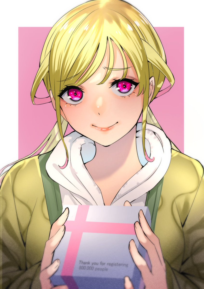 1girl solo blonde hair smile pink eyes looking at viewer holding  illustration images