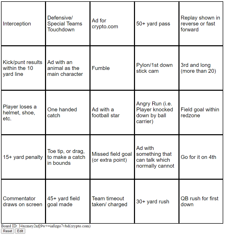 Codisimus's tweet photo. I updated my BigBowlBingo game for tomorrow: https://t.co/iL0tgIkNVO
Here is a preview of the board I will be using https://t.co/wsNDgzFwkD