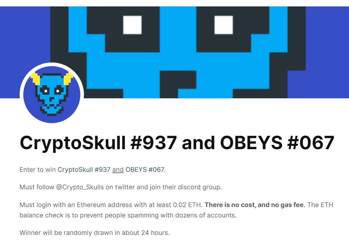 WizardX_0x's tweet image. Win a free #CryptoSkull and OBEYS #067 from my stash of #NFTs. No cost to enter, must follow @Crypto_Skulls and retweet this post (details in link).
premint.xyz/cryptoskull-93…