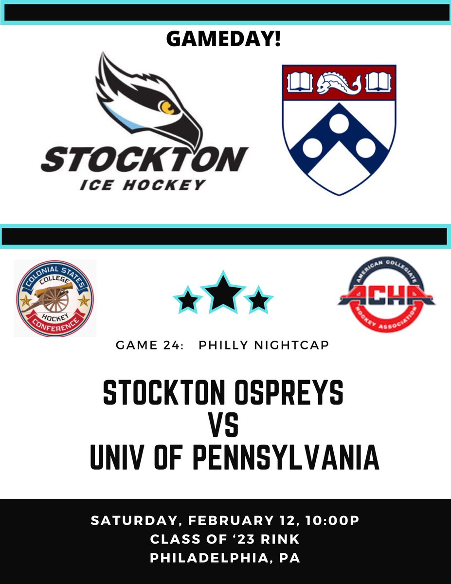 GAMEDAY!  Ospreys (13-7-3-1) on the road tonight vs UPenn (16-3) in a CSCHC match-up at the Class of ‘23 Arena in Philadelphia.  #rollspreys