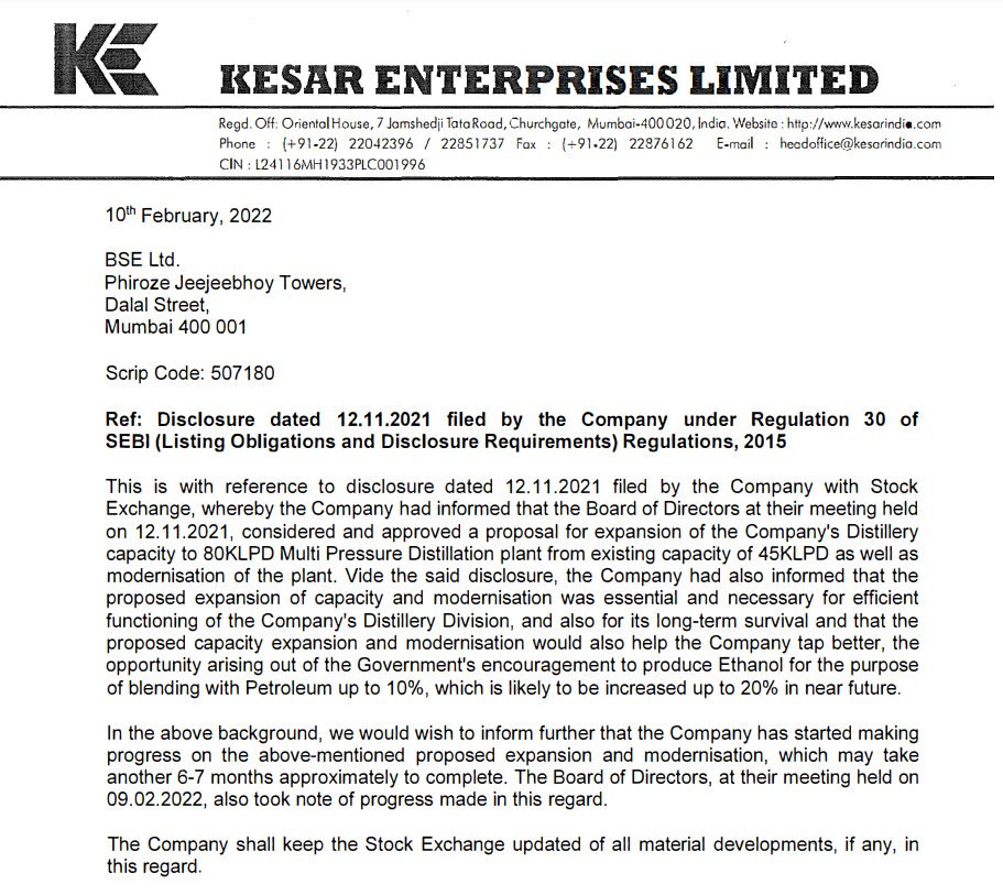 BhartiyNiveshak's tweet photo. 📊#KESARENT Kesar Enterprises Ltd board has approved a proposal for expansion of the Company's Distillery capacity to 80KLPD Multi Pressure Distillation plant from existing capacity of 45KLPD as well as modernisation of the plant which is to complete in 6-7 months. #R30BNP https://t.co/32o45xm4rn