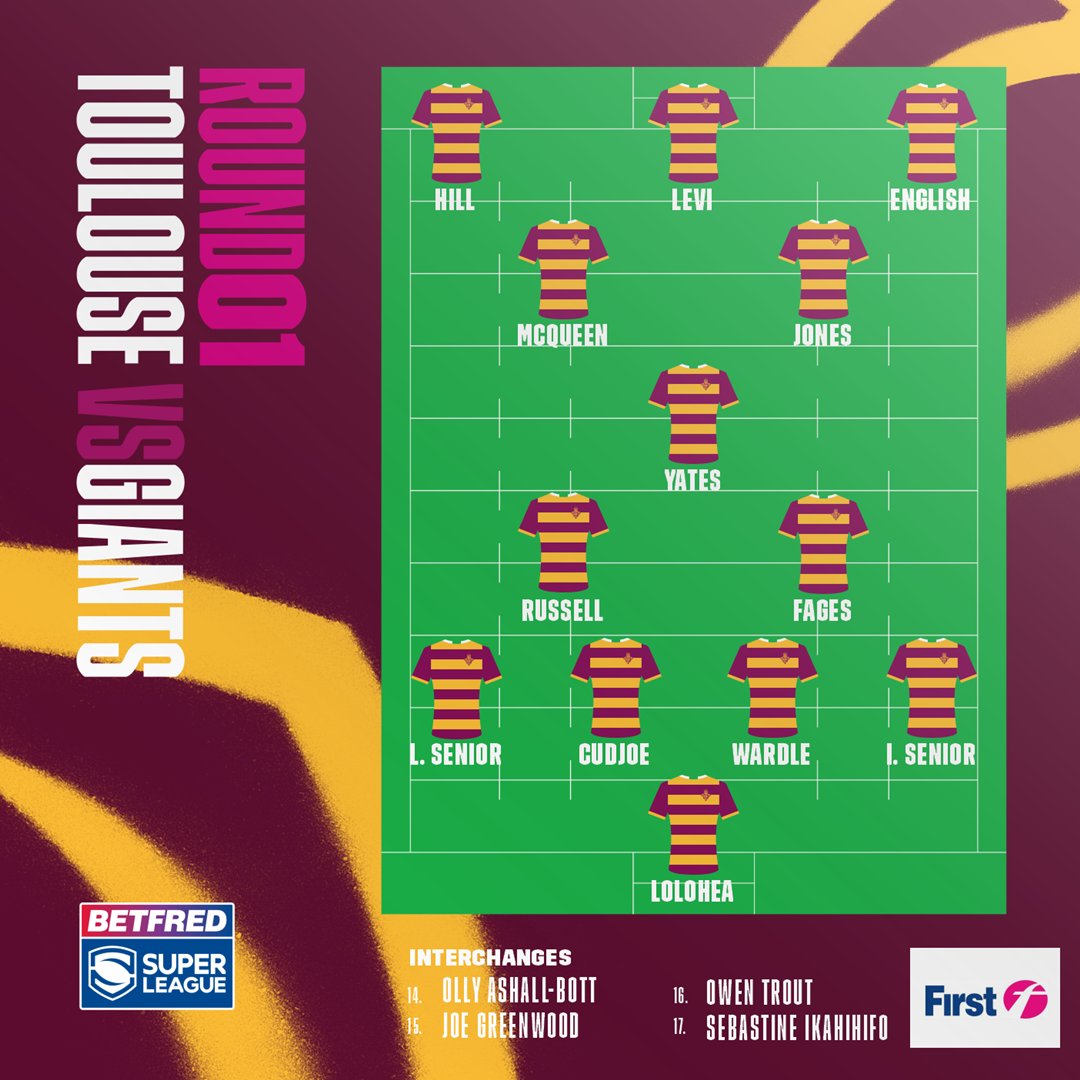 🚨 TEAM NEWS brought to you by First Bus!

👉 Lolohea, Hill, Fages &amp; Levi make their Giants debuts
👉 Russell &amp; Fages partner in the halves
👉 Olly Ashall-Bott named on the bench

What do you think of our first team of the year, #CowbellArmy?