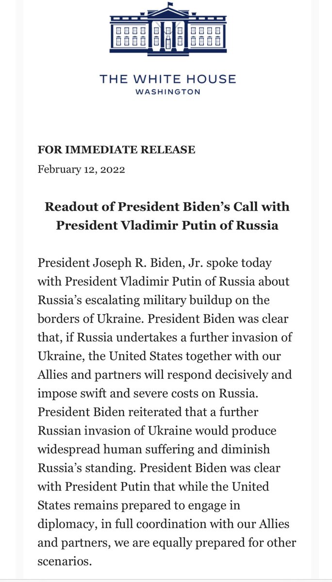 Chiamata terminata fra Biden e Putin. Nessuna novità.

Biden ha ripetuto le possibili conseguenze di un’invasione, che la NATO sarà unità ed è pronta a qualsiasi scenario. 

Ma nulla che lasci pensare che Putin possa aver cambiato idea o possa fargliela cambiare.