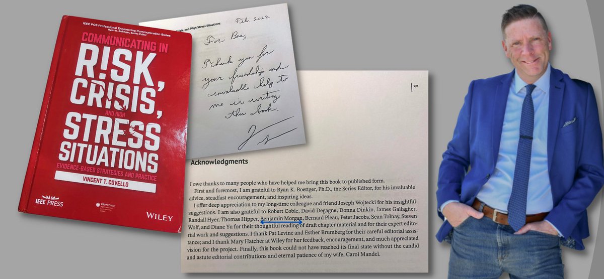 What a great honour to be recognized by world-leading #crisiscommunication and #riskcommunication pro Dr. Vincent Covello. It was a humbling experience to proof and edit his draft work. Such a treat to receive this acknolwedgement in the mail. #careermoments