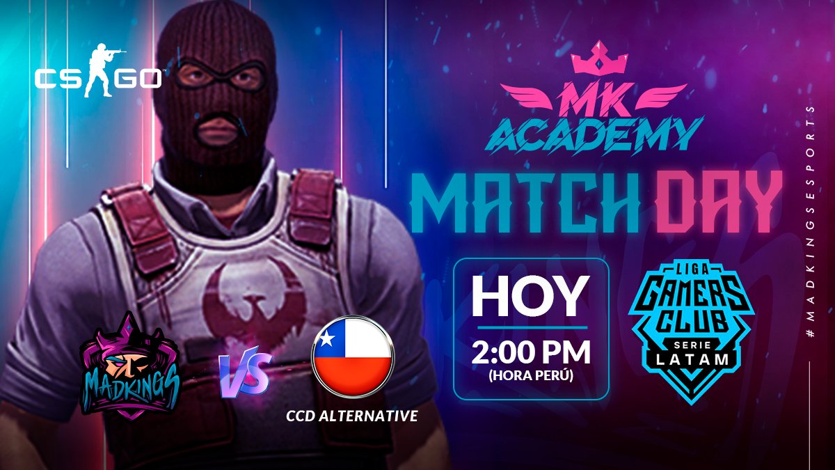 madkingsesports's tweet photo. 🔥 ¡¡MATCHDAY!! 🔥
Hoy nuestros Kings del team MK Academy continúan su participación en La Liga @GamersClubCSes vs. #CCDAlternative 😎🏆
¡🇵🇪 🇨🇴 🇲🇽 2:00 pm 🇨🇱 🇦🇷 🇧🇷 4:00 pm!
👑 ¡¡VAMOS REYES LOCOS!! 👑
Link en bio 👆
🔵FACEBOOK
🟢TROVO
🟣TWITCH
#GOMADKINGS #CSGO #MKACADEMY https://t.co/SIgMJzqghK