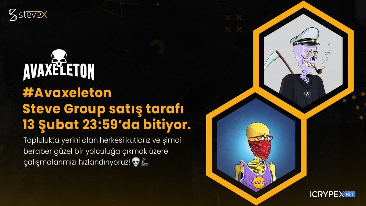 SteveXNFT's tweet photo. 📢#Avaxeleton Steve Group satış tarafı 13 Şubat 23:59’da bitiyor.💀🦾 https://t.co/Lixbu6LqbY
