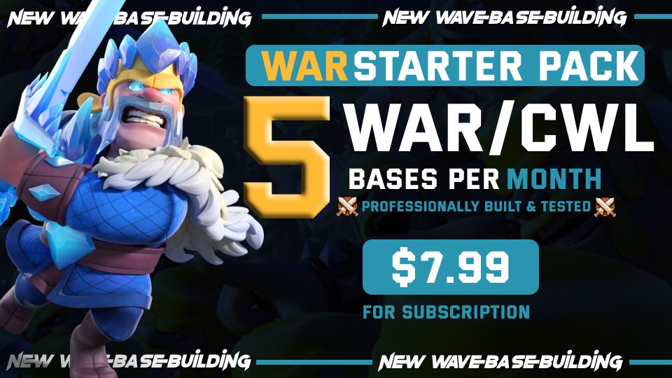 3 Days till the Hybrid Tier resets!

If you haven’t already go check it out!

We always announce our lowest tier for $7.99 War Starter

2 CWL Base 3 War Base

As always you upgrade to whichever tier you’d like by paying only the difference 

patreon.com/newwavebasebui…
#ClashOfClans