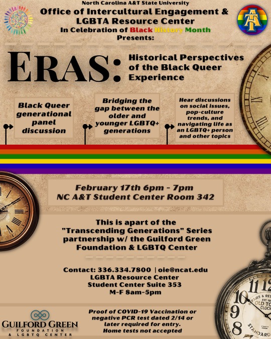 Join us this Thursday for the first event in our Transcending Generations series with NC A&amp;T State University's Office of Intercultural Engagement &amp; LGBTQA Resource Center <a href="/ncatlgbta/">N.C. LGBTA Resource Center</a>!